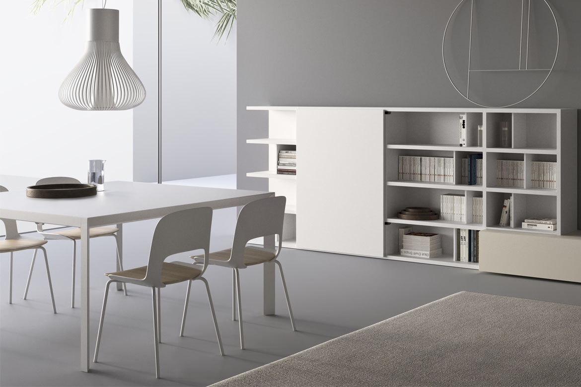 spazioteca white bookcase, soffio white table, cora white chair with wood seat Pianca