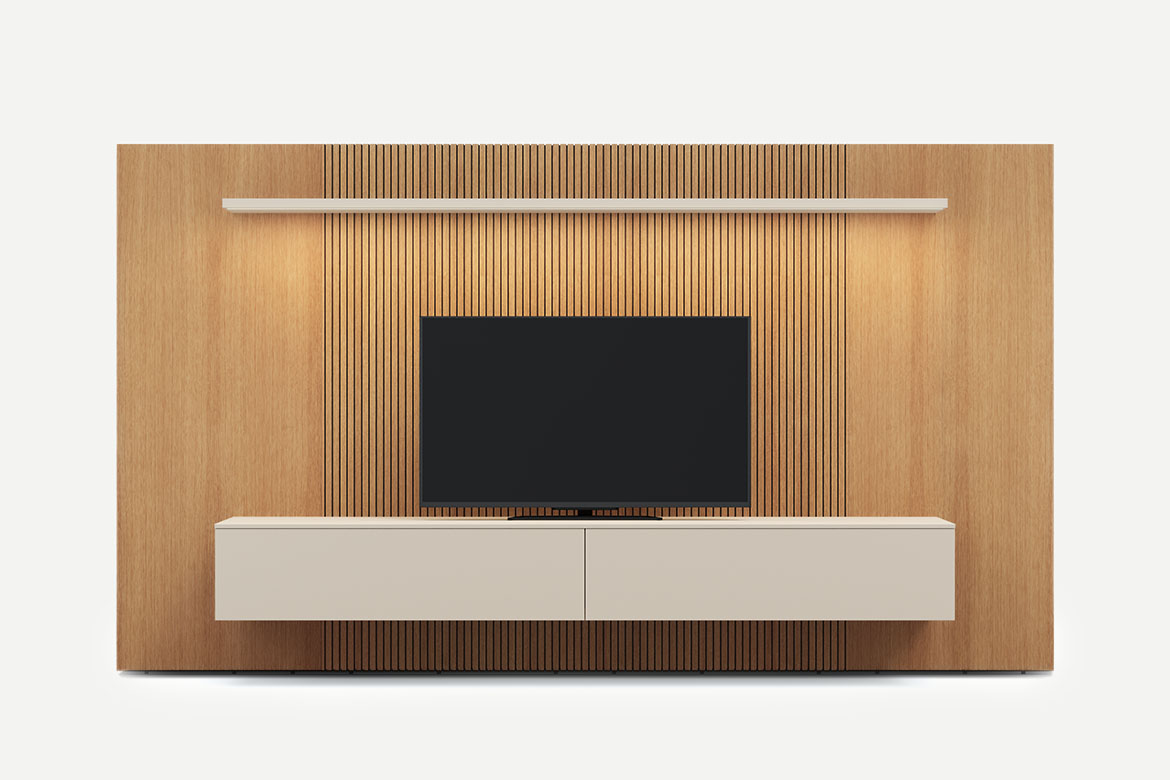 wooden wallpanels with tv and cabinets