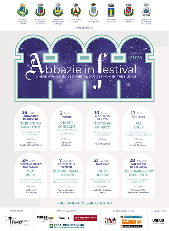 Official poster of Abbazie in Festival 2025 featuring full program, event dates, locations, and presenting municipalities from the province of Treviso