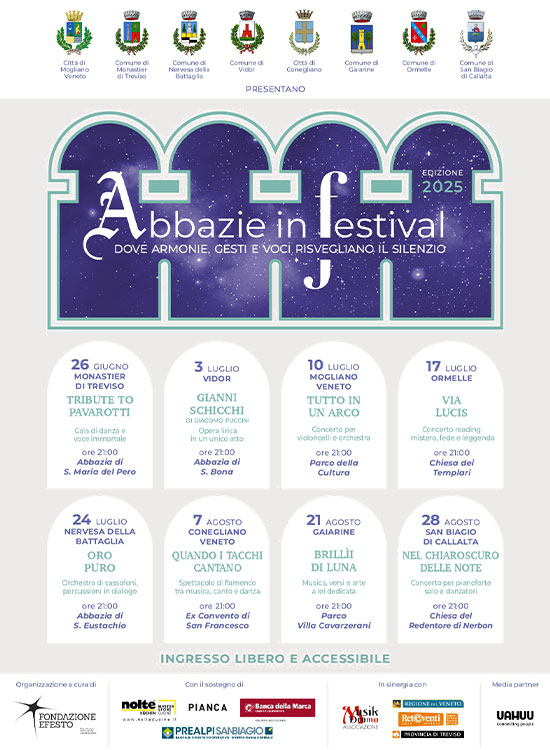 Locandina ufficiale di Abbazie in Festival 2025 con programma completo, date, luoghi degli eventi e Comuni promotori della rassegna culturale in provincia di Treviso