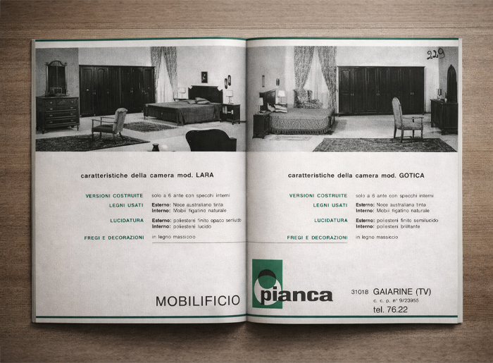 Catalogo storico del Salone del Mobile Milano con arredi Pianca per la zona notte, testimonianza dell’evoluzione del design italiano nel settore mobili.